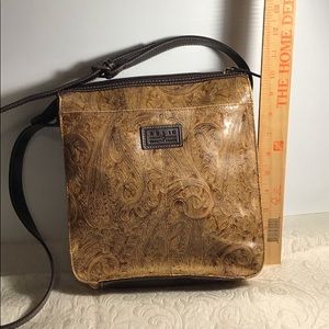Crossbody Purse. Tan Paisley Embossed Vinyl